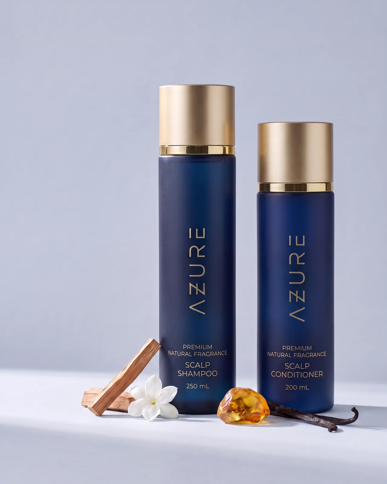 AZURE Premium shampoo and smaller conditioner with sandalwood, jasmine, amber and a vanilla pod